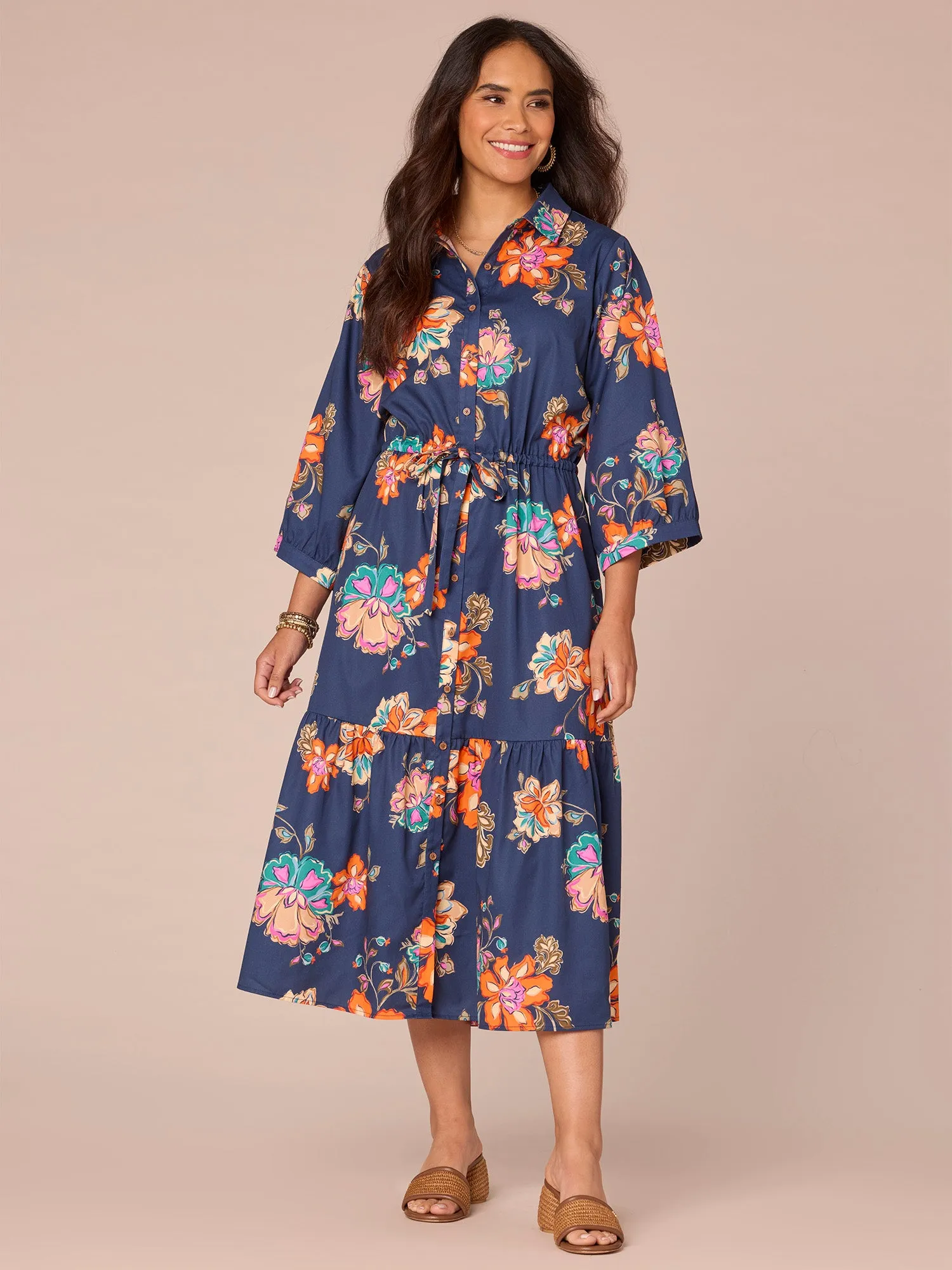 Blouson Sleeve Collared Button Down Self Tie Floral Print Woven Dress,Women Clothing