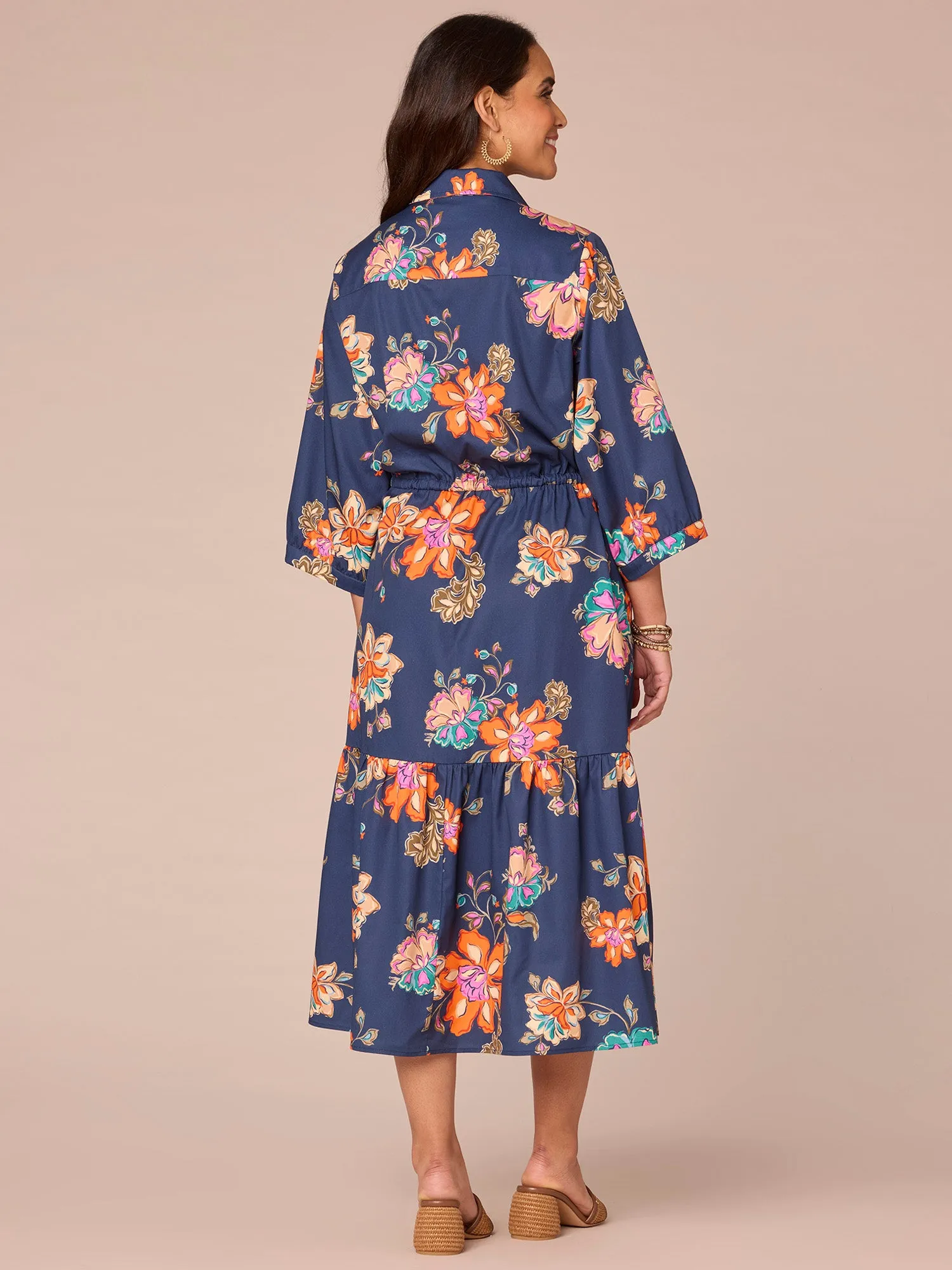 Blouson Sleeve Collared Button Down Self Tie Floral Print Woven Dress,Women Clothing