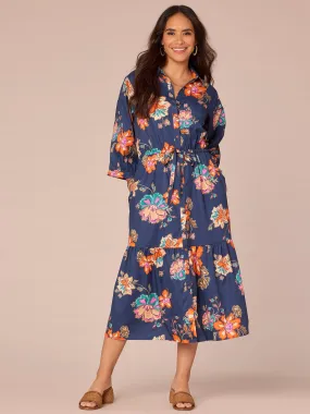 Blouson Sleeve Collared Button Down Self Tie Floral Print Woven Dress,Women Clothing