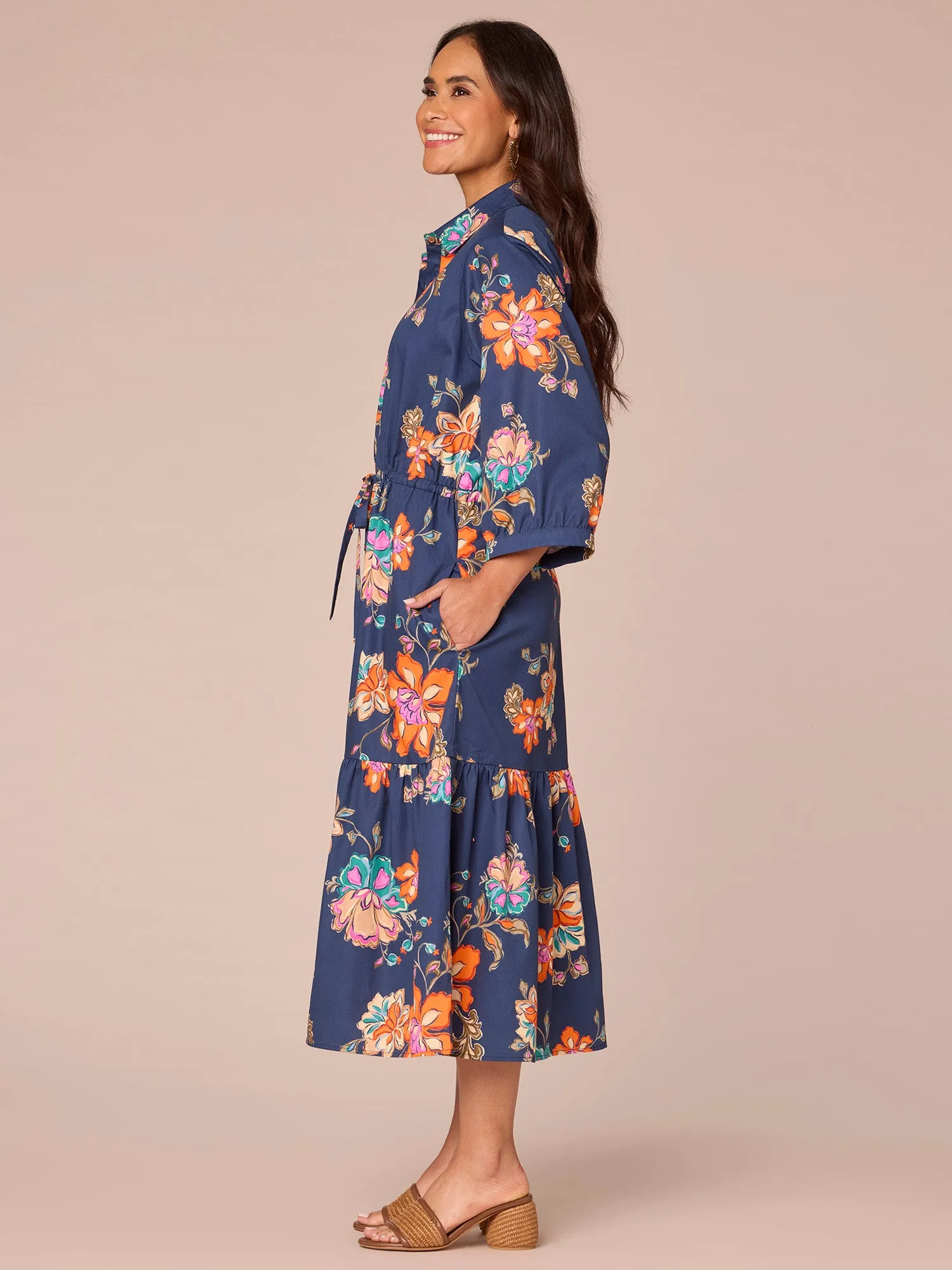 Blouson Sleeve Collared Button Down Self Tie Floral Print Woven Dress,Women Clothing