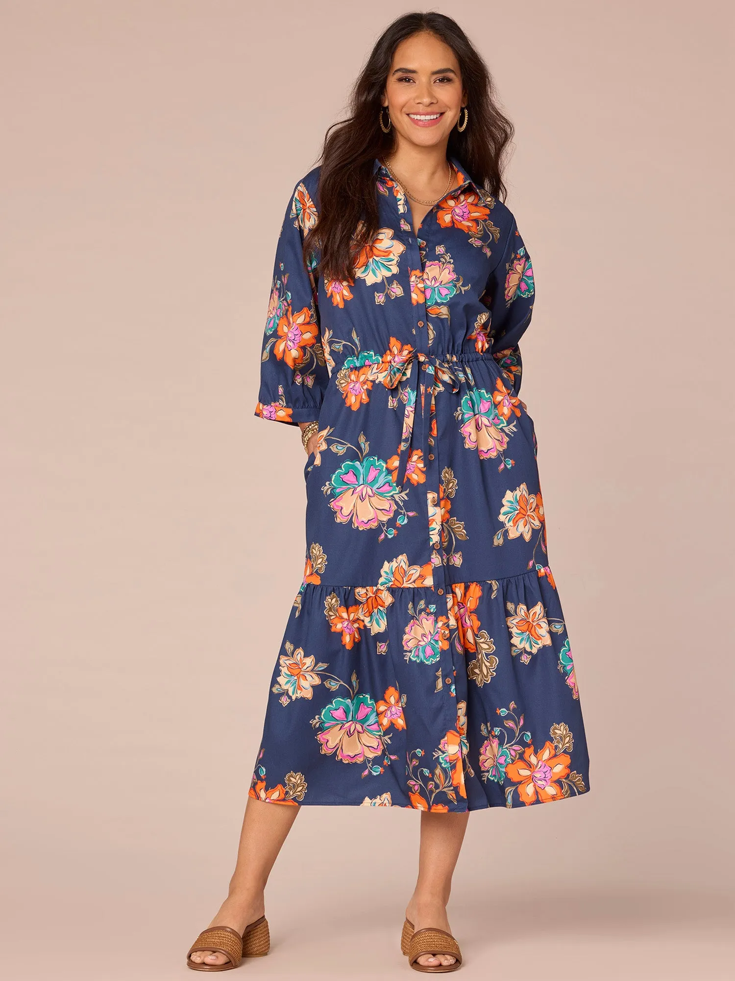 Blouson Sleeve Collared Button Down Self Tie Floral Print Woven Dress,Women Clothing