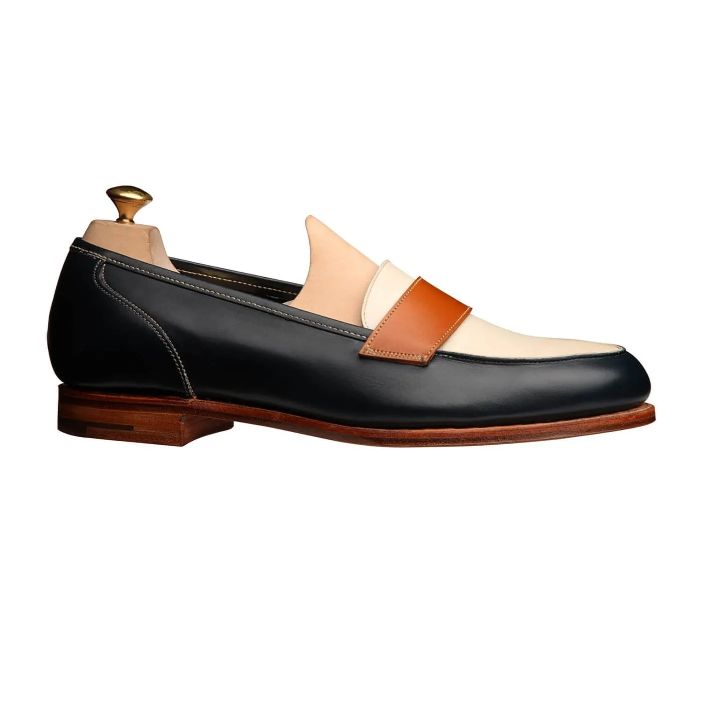 Clare Navy, Ivory & Tan Burnished Calf,Women Loafers