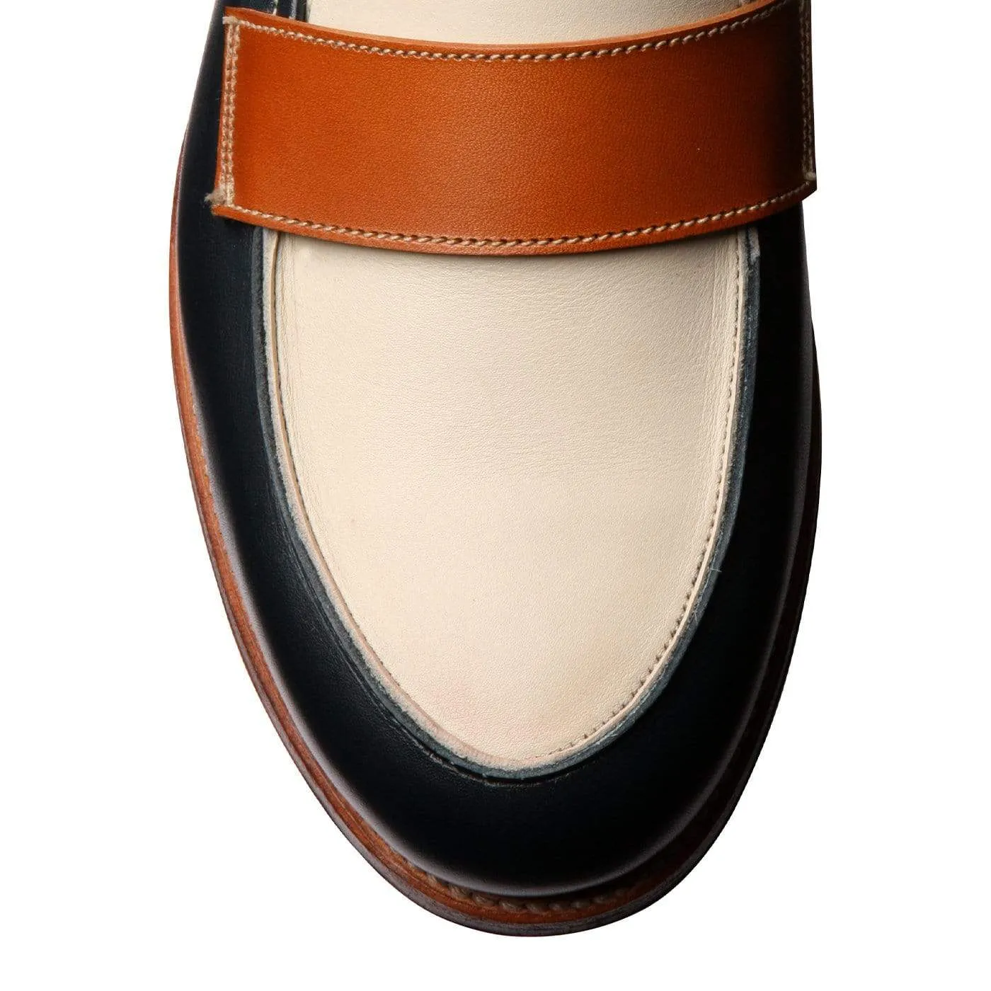 Clare Navy, Ivory & Tan Burnished Calf,Women Loafers