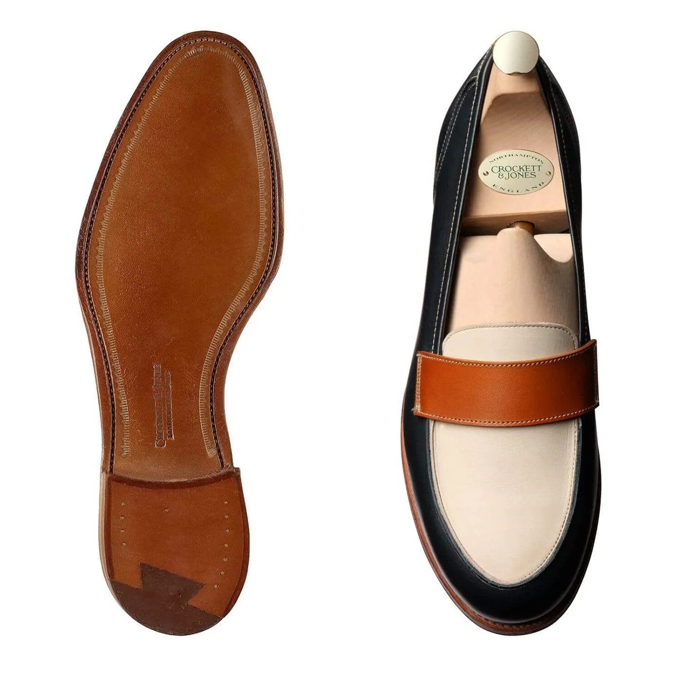 Clare Navy, Ivory & Tan Burnished Calf,Women Loafers
