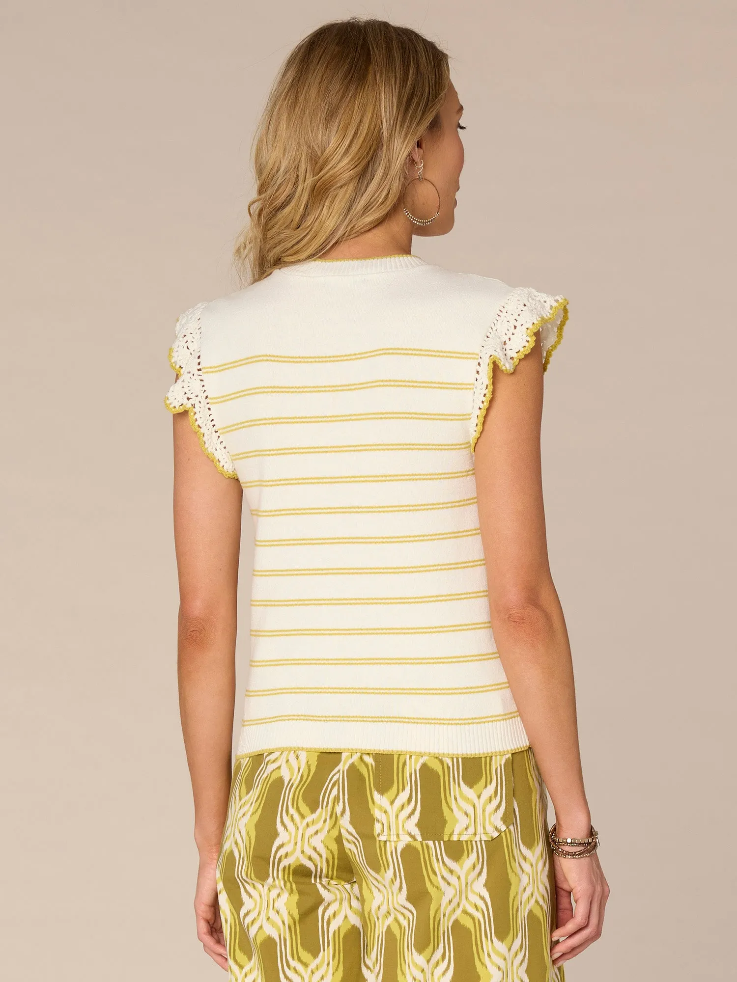 Crochet Ruffle Sleeve Round Neck Striped Sweater Top,Women Clothing