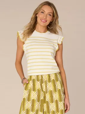 Crochet Ruffle Sleeve Round Neck Striped Sweater Top,Women Clothing