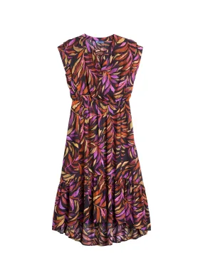 Double Flounce Sleeve V-Notch Neck Abstract Print Petite Woven Dress,Women Clothing