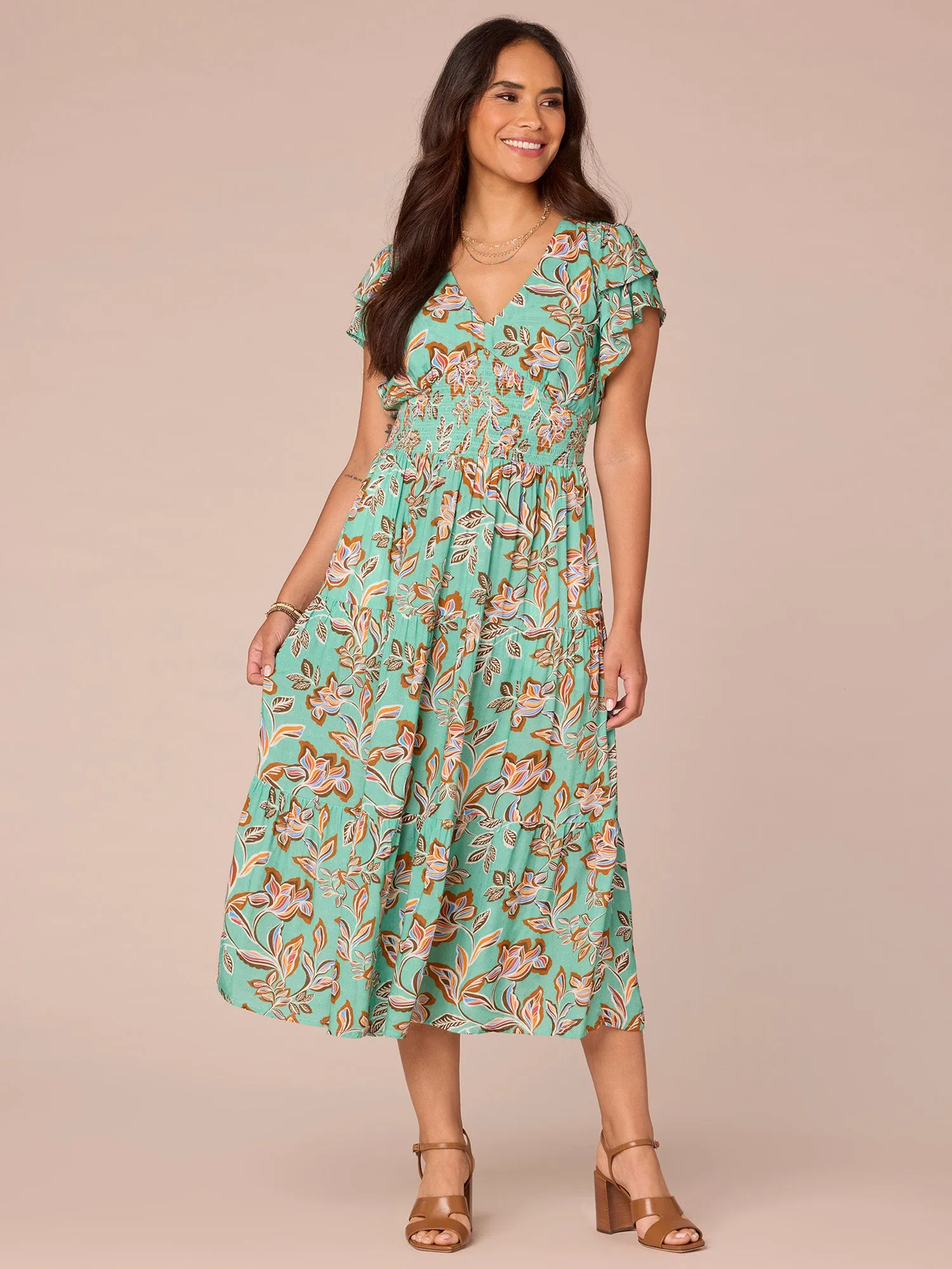 Double Flutter Sleeve V-Neck Smocked Waist Tiered Printed Woven Dress,Women Clothing