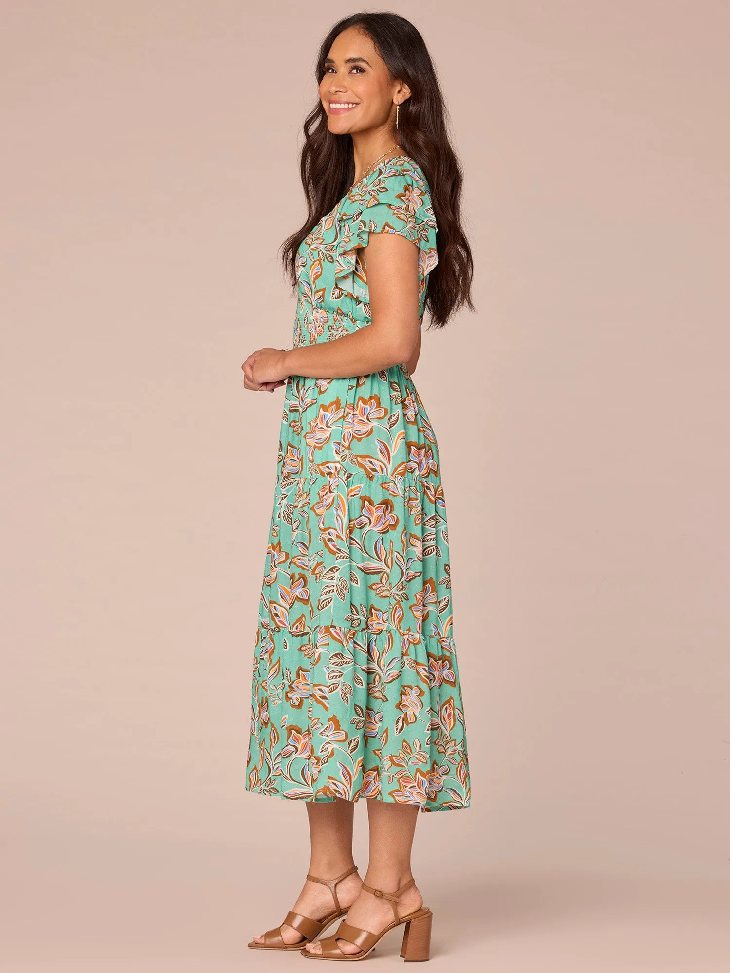 Double Flutter Sleeve V-Neck Smocked Waist Tiered Printed Woven Dress,Women Clothing