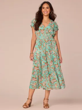 Double Flutter Sleeve V-Neck Smocked Waist Tiered Printed Woven Dress,Women Clothing