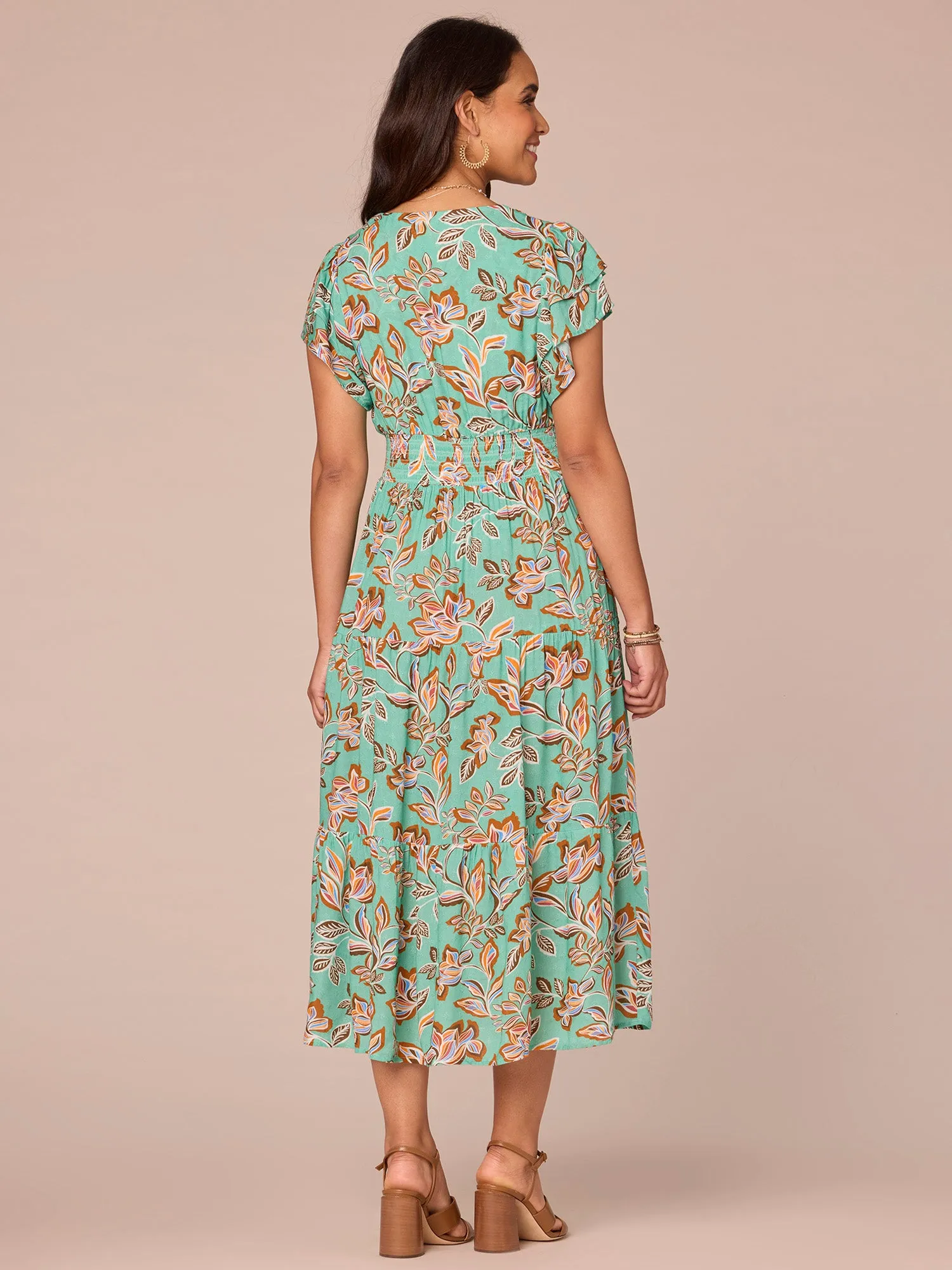 Double Flutter Sleeve V-Neck Smocked Waist Tiered Printed Woven Dress,Women Clothing