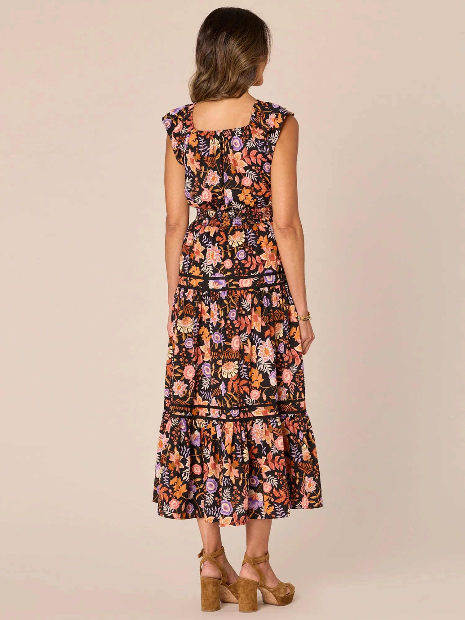 Double Ruffle Cap Sleeve Cinch Square Neck Printed Petite Woven Dress,Women Clothing