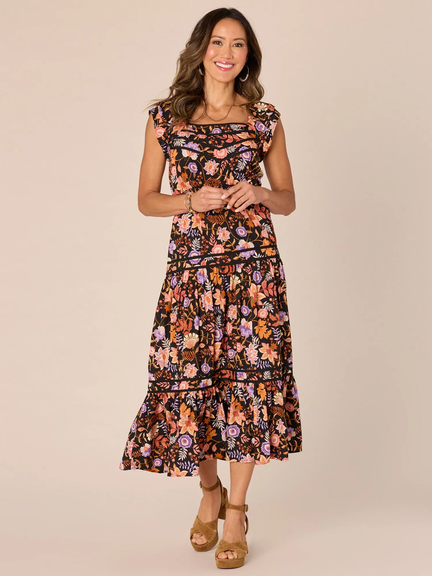 Double Ruffle Cap Sleeve Cinch Square Neck Printed Petite Woven Dress,Women Clothing