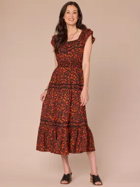 Double Ruffle Cap Sleeve Cinch Square Neck Printed Petite Woven Dress,Women Clothing