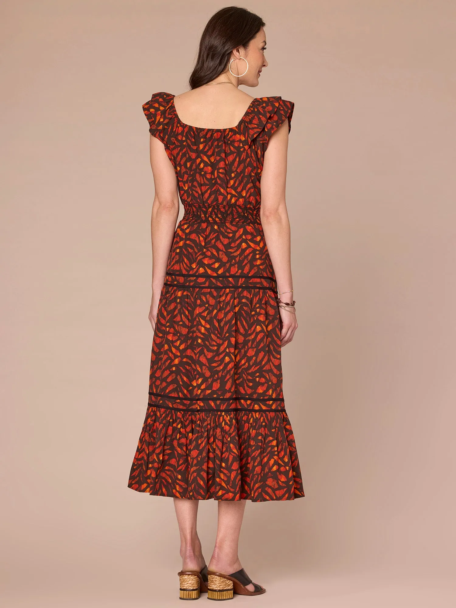 Double Ruffle Cap Sleeve Cinch Square Neck Printed Petite Woven Dress,Women Clothing