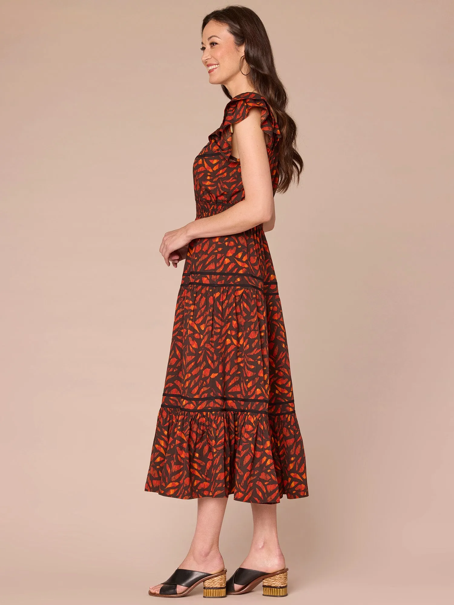 Double Ruffle Cap Sleeve Cinch Square Neck Printed Petite Woven Dress,Women Clothing