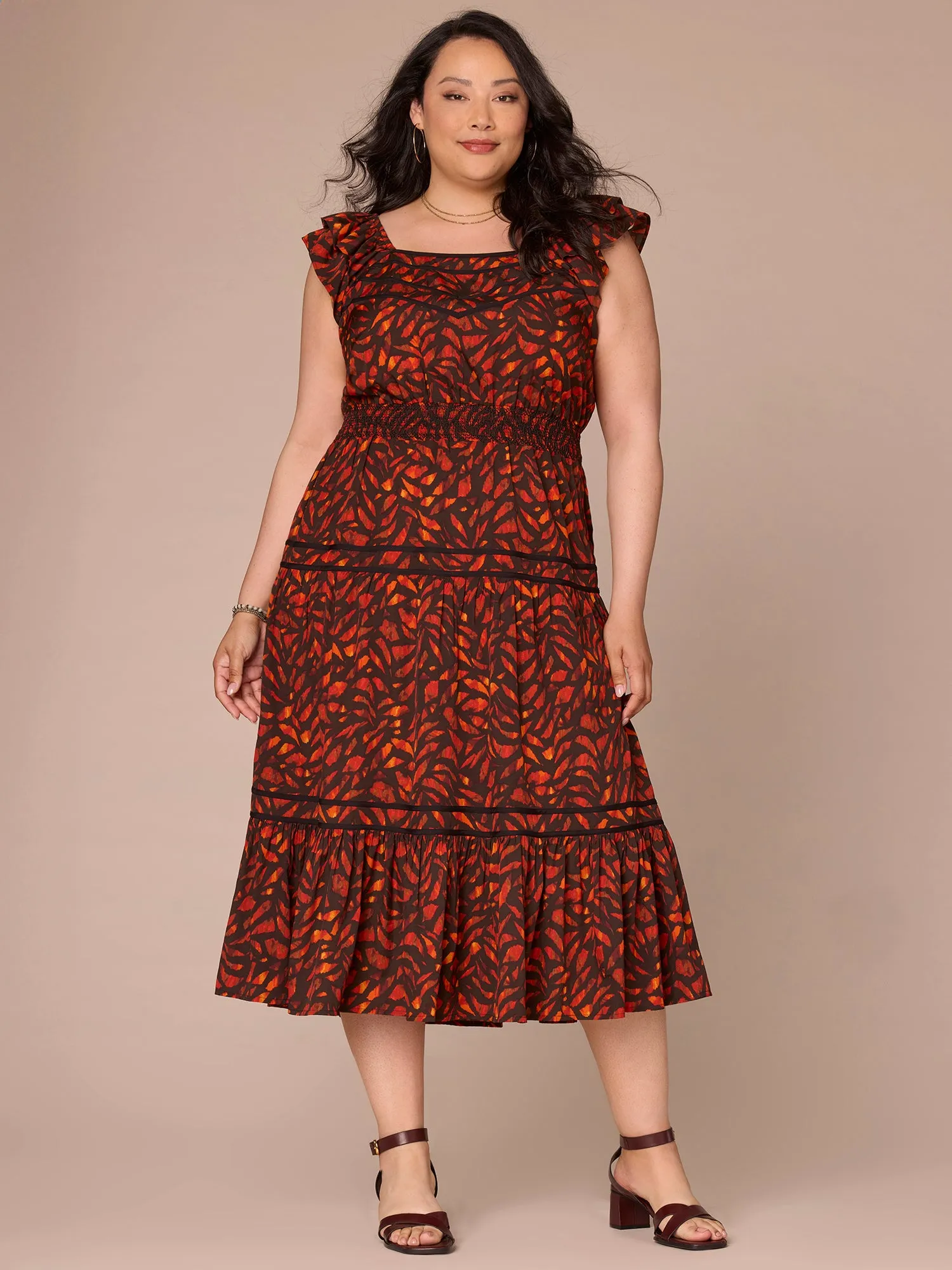 Double Ruffle Cap Sleeve Square Neck Three-Tier Plus Size Woven Dress,Women Clothing