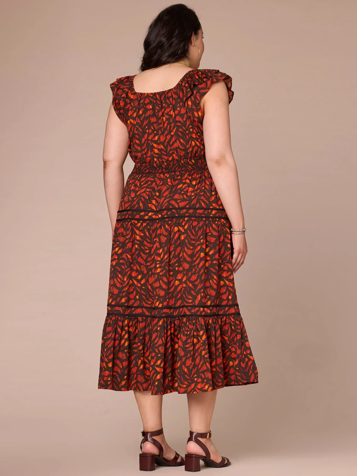 Double Ruffle Cap Sleeve Square Neck Three-Tier Plus Size Woven Dress,Women Clothing