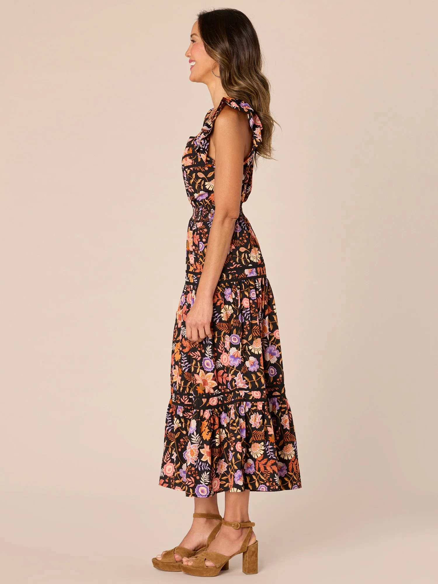 Double Ruffle Cap Sleeve Square Neck Tiered Printed Woven Dress,Women Clothing