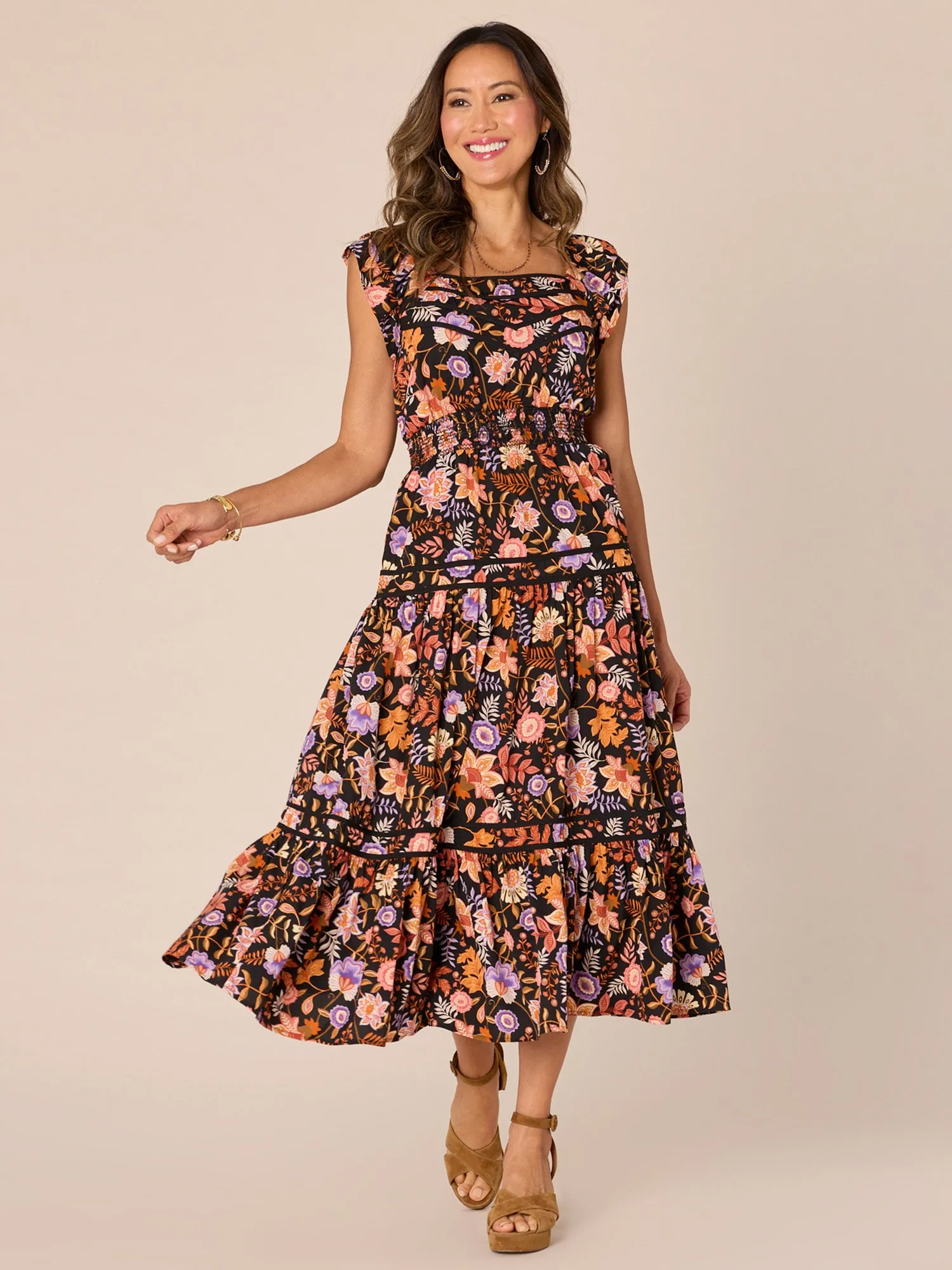 Double Ruffle Cap Sleeve Square Neck Tiered Printed Woven Dress,Women Clothing