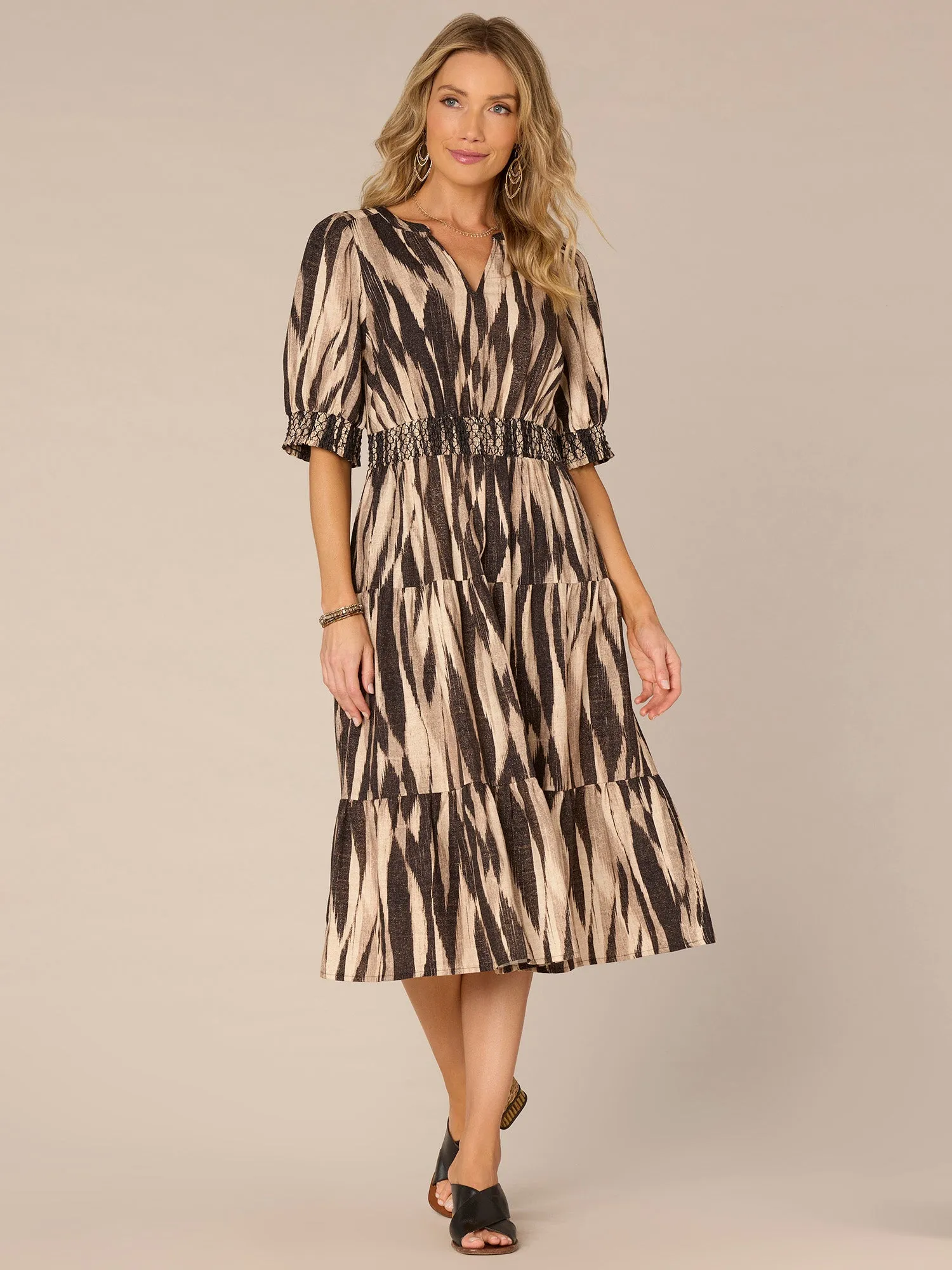 Elbow Sleeve Split Neck Cinched Three-Tier Printed Petite Woven Dress,Women Clothing