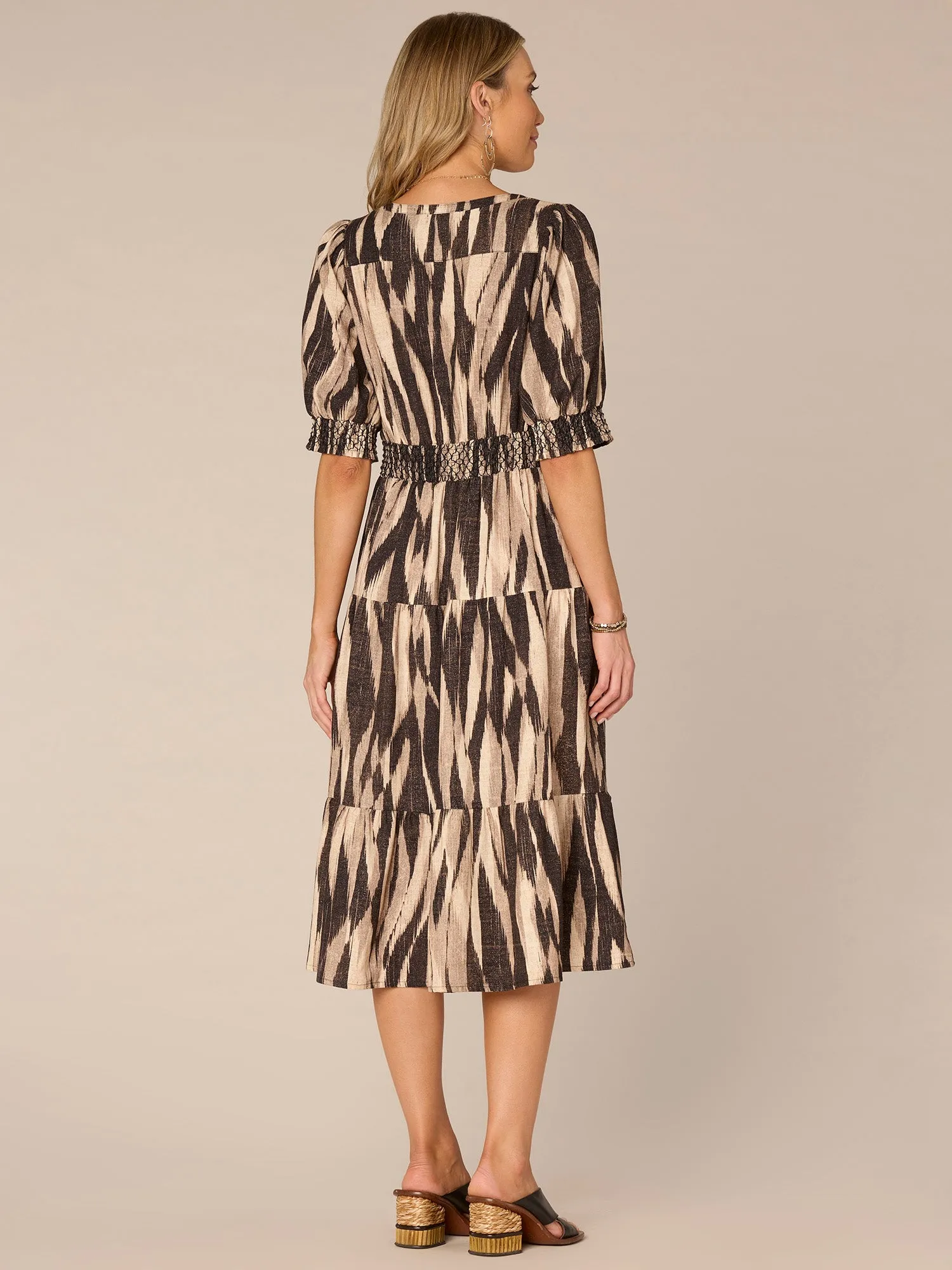 Elbow Sleeve Split Neck Cinched Three-Tier Printed Petite Woven Dress,Women Clothing