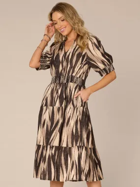 Elbow Sleeve Split Neck Cinched Three-Tier Printed Petite Woven Dress,Women Clothing