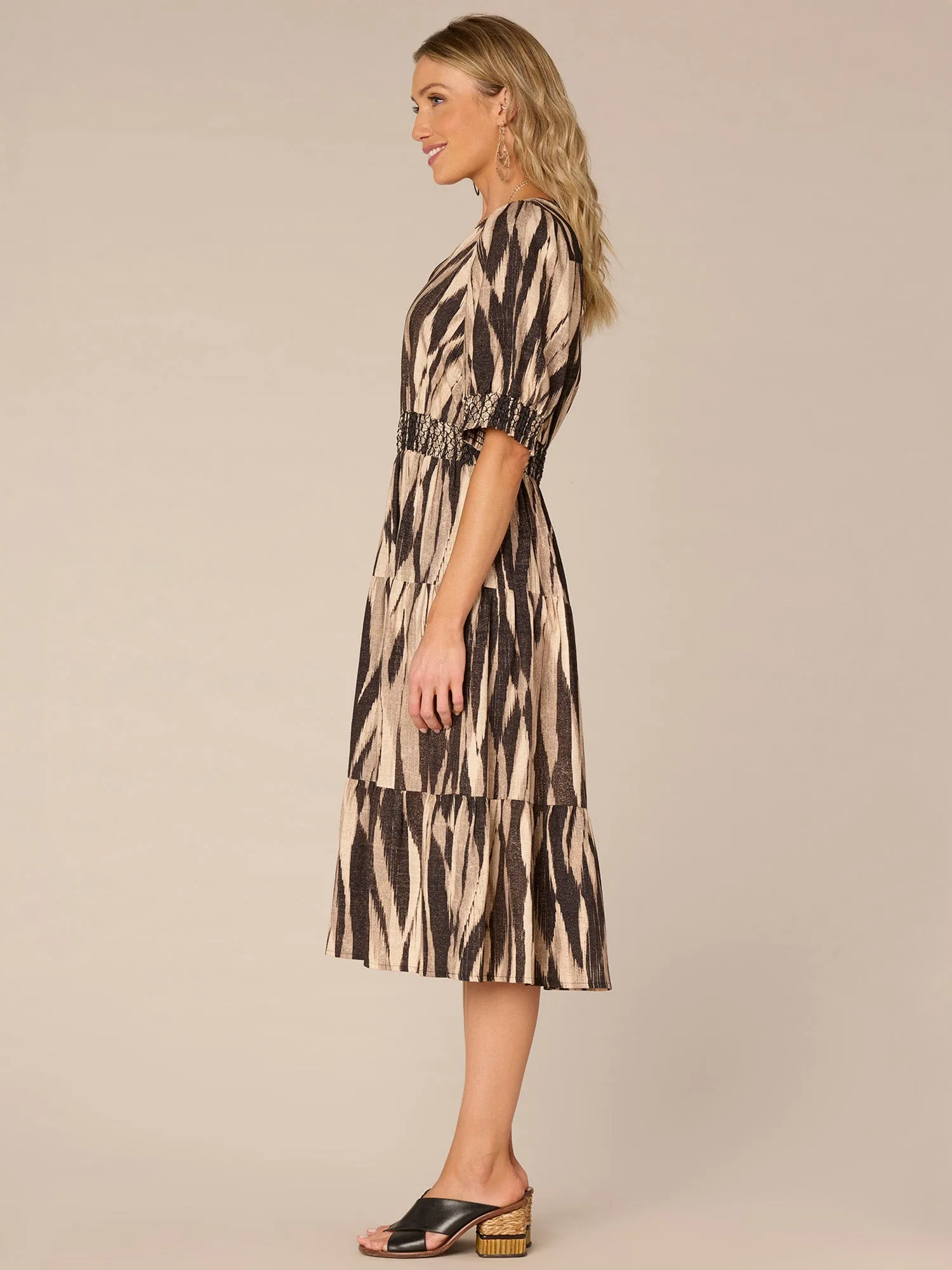 Elbow Sleeve Split Neck Cinched Waist Three-Tier Printed Woven Dress,Women Clothing