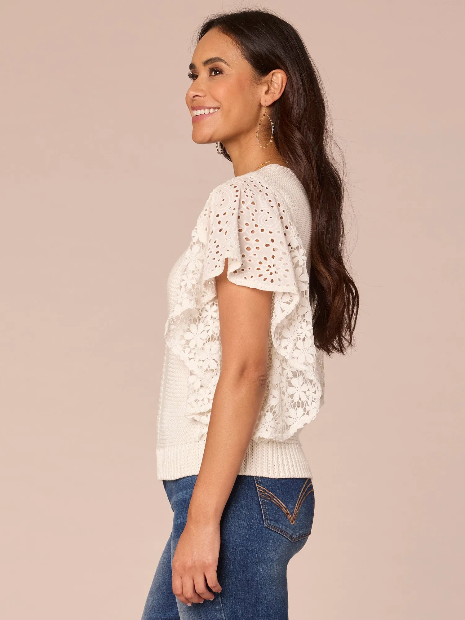 Embroidered Short Flutter Sleeve V-Neck Mixed Media Petite Top,Women Clothing