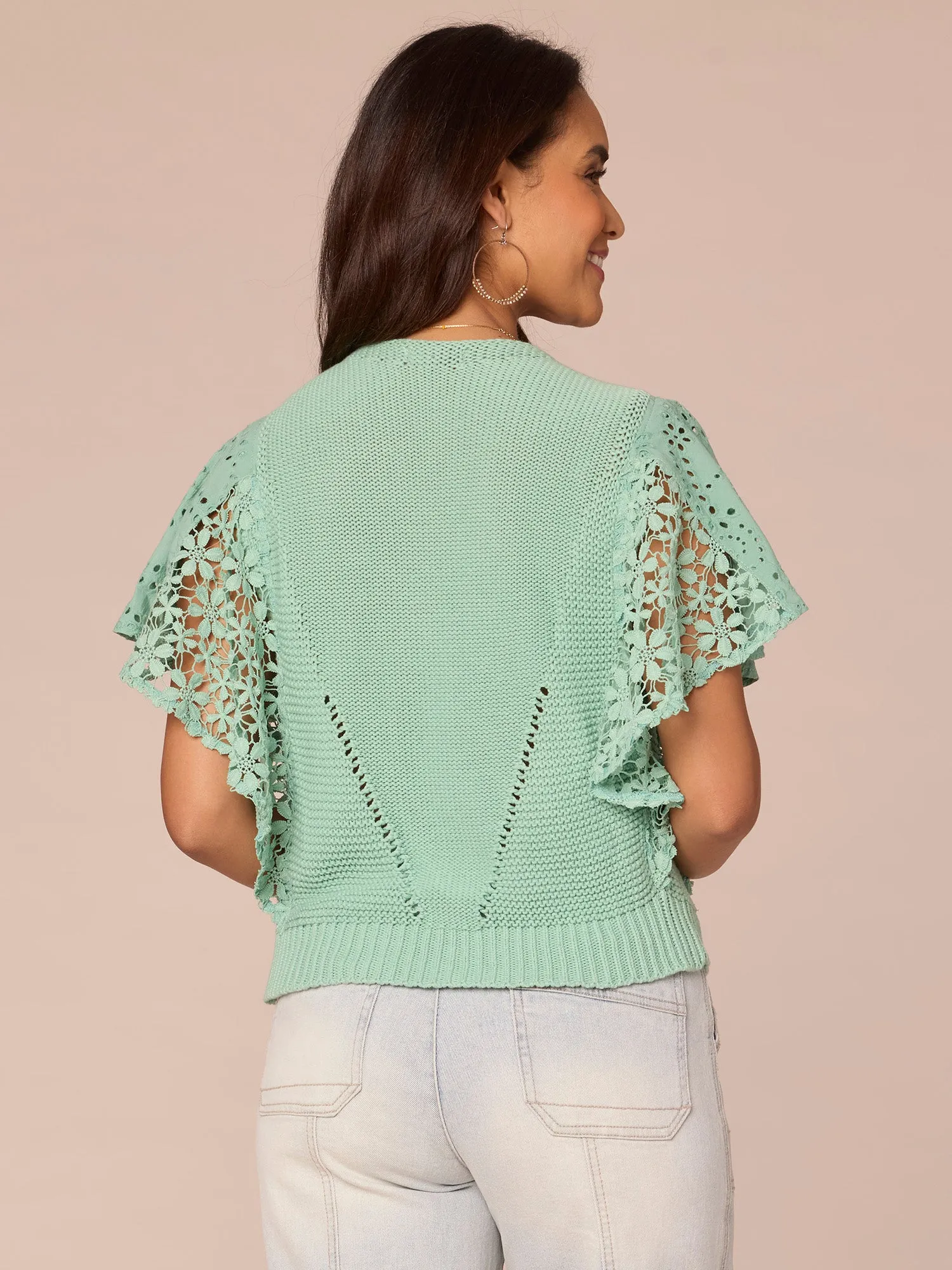 Flutter Sleeve V-Neck Mixed Media Top with Die Cut Embroidery,Women Clothing