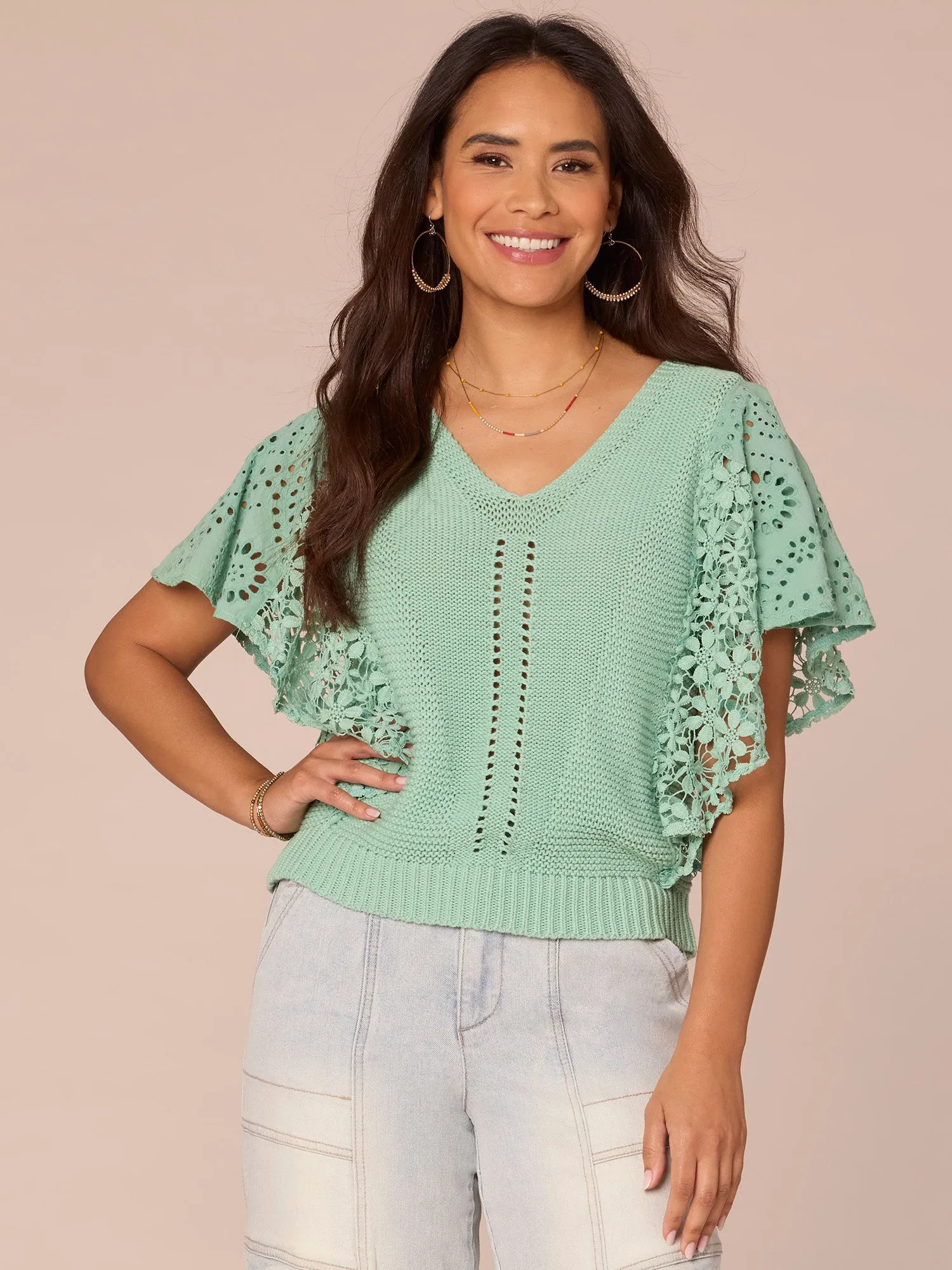 Flutter Sleeve V-Neck Mixed Media Top with Die Cut Embroidery,Women Clothing