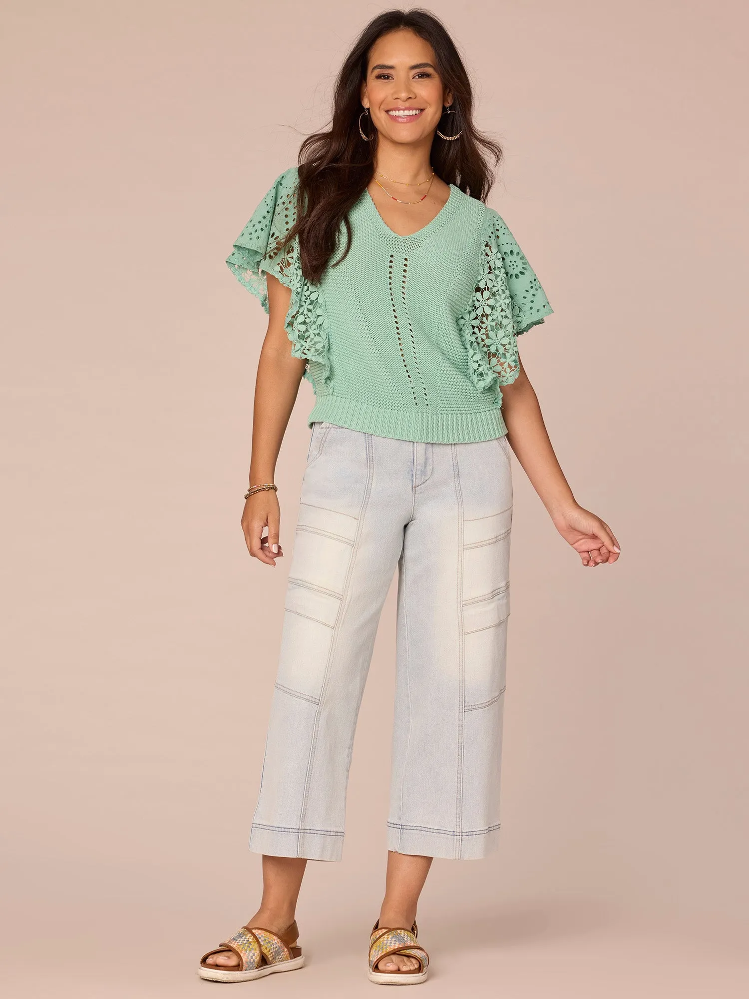 Flutter Sleeve V-Neck Mixed Media Top with Die Cut Embroidery,Women Clothing