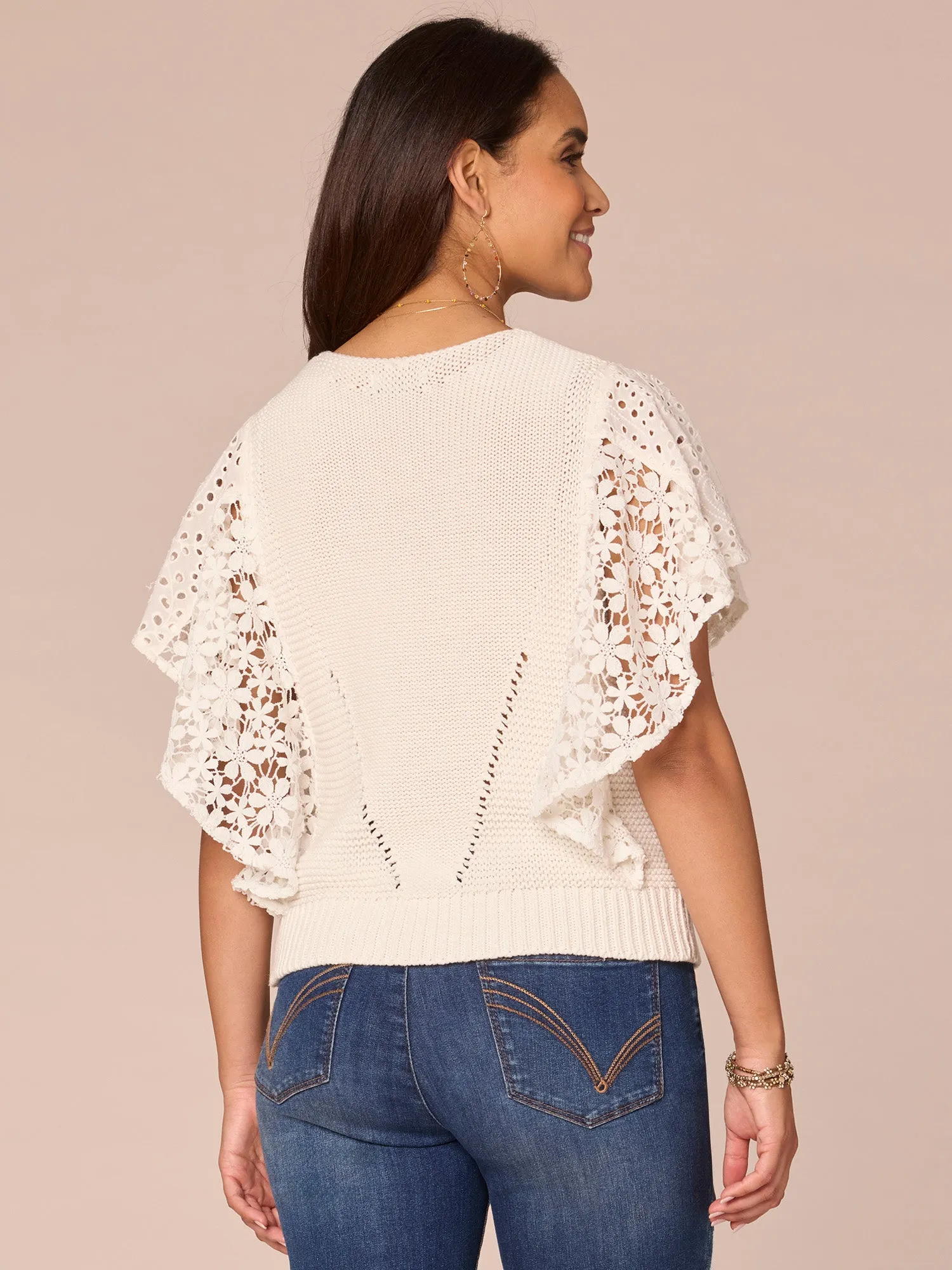 Flutter Sleeve V-Neck Mixed Media Top with Die Cut Embroidery,Women Clothing