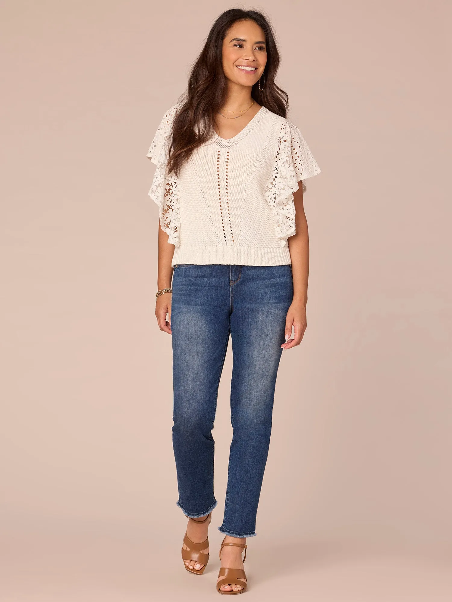 Flutter Sleeve V-Neck Mixed Media Top with Die Cut Embroidery,Women Clothing