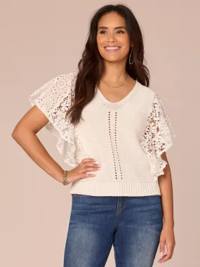Flutter Sleeve V-Neck Mixed Media Top with Die Cut Embroidery,Women Clothing