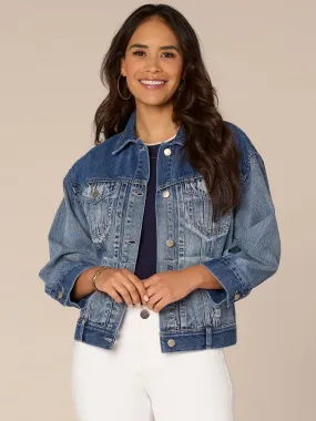 Long Barrel Sleeve Button Front Western Angle Pocket Denim Jacket,Women Clothing