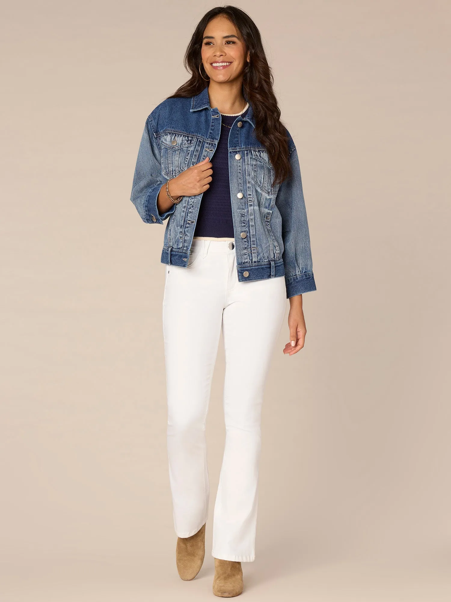 Long Barrel Sleeve Button Front Western Angle Pocket Denim Jacket,Women Clothing