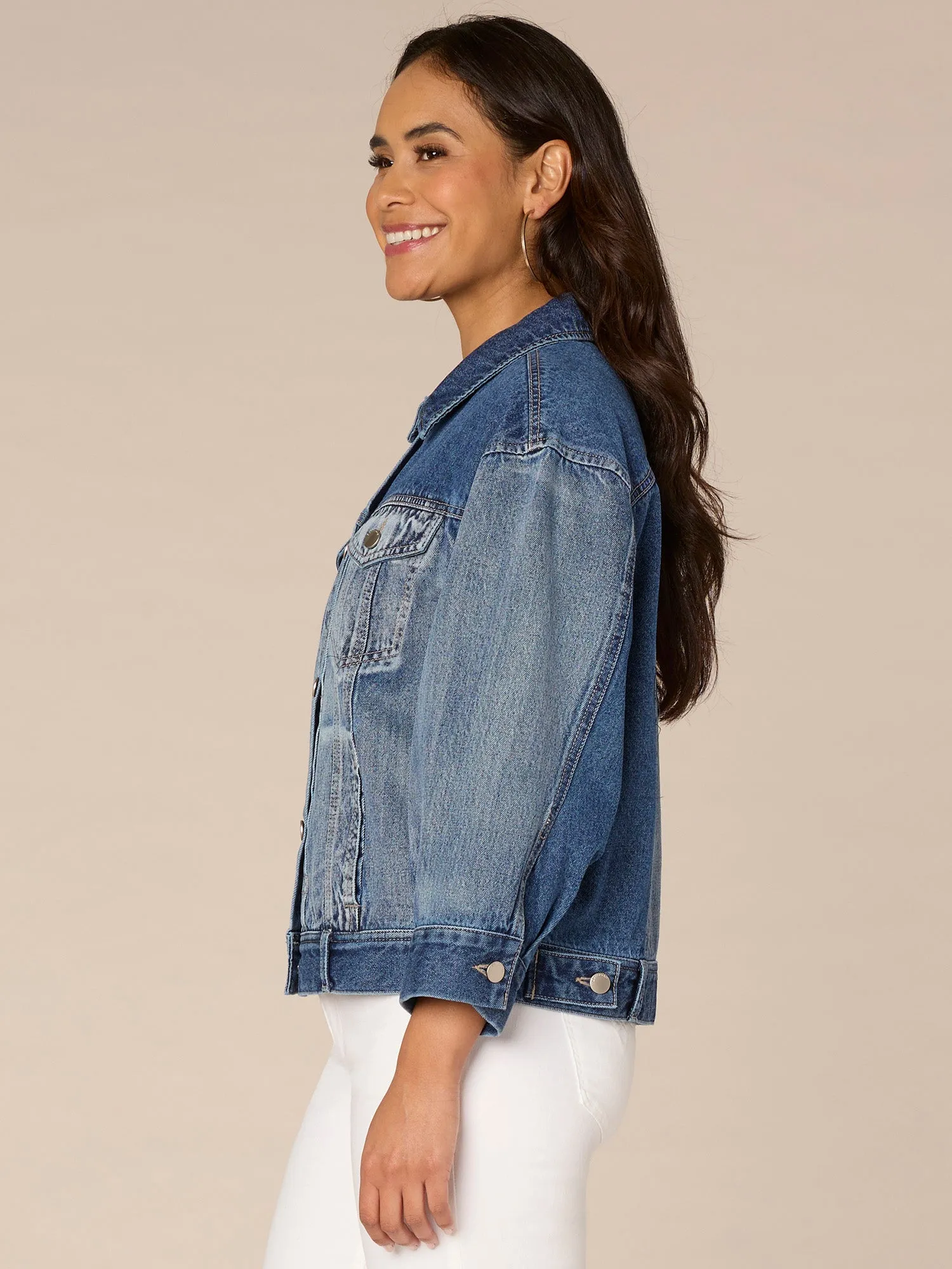 Long Barrel Sleeve Button Front Western Angle Pocket Denim Jacket,Women Clothing