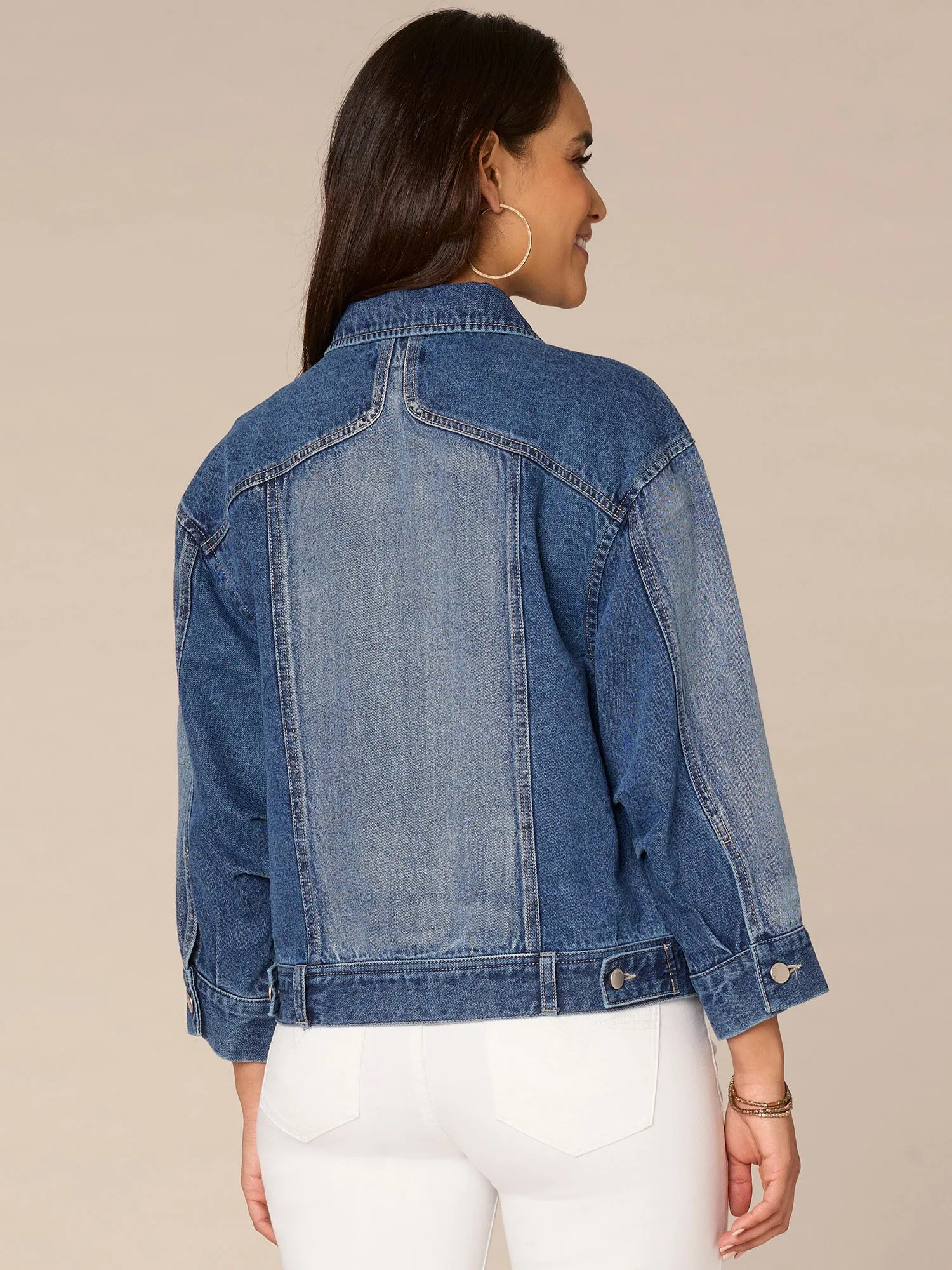Long Barrel Sleeve Button Front Western Angle Pocket Denim Jacket,Women Clothing
