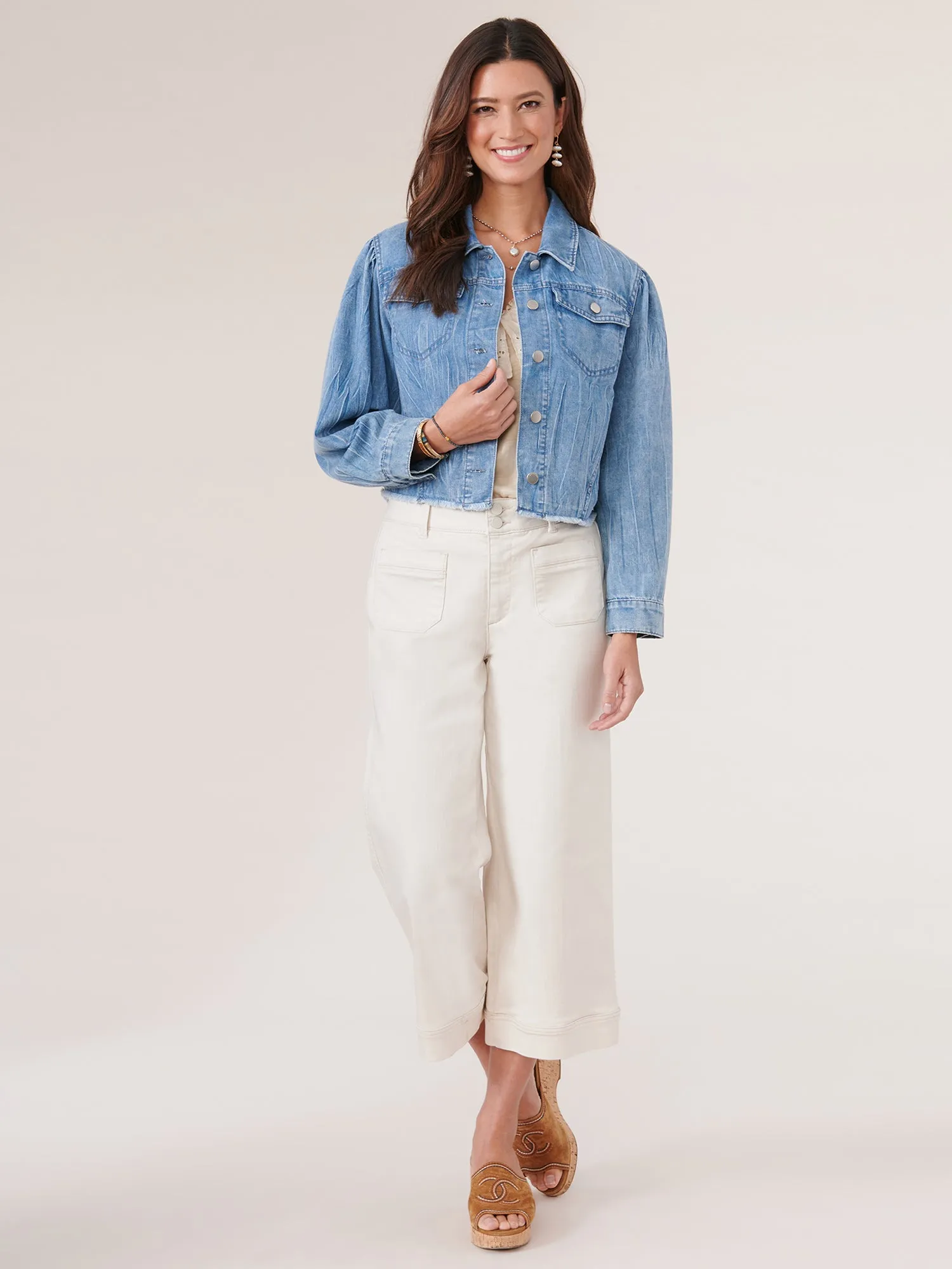 Long Puff Sleeve Button Down Fray Hem Denim Jacket,Women Clothing
