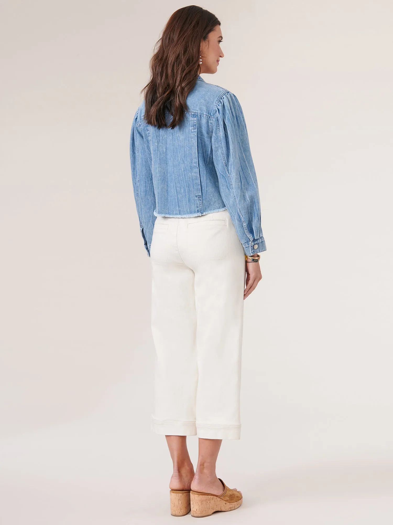 Long Puff Sleeve Button Down Fray Hem Denim Jacket,Women Clothing