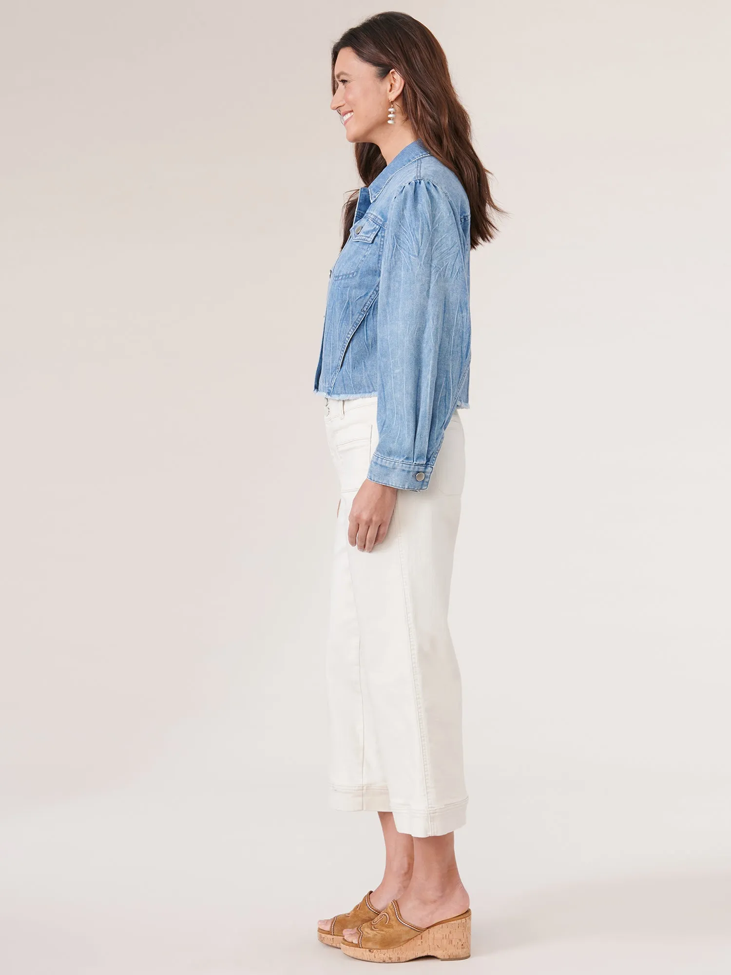 Long Puff Sleeve Button Down Fray Hem Denim Jacket,Women Clothing