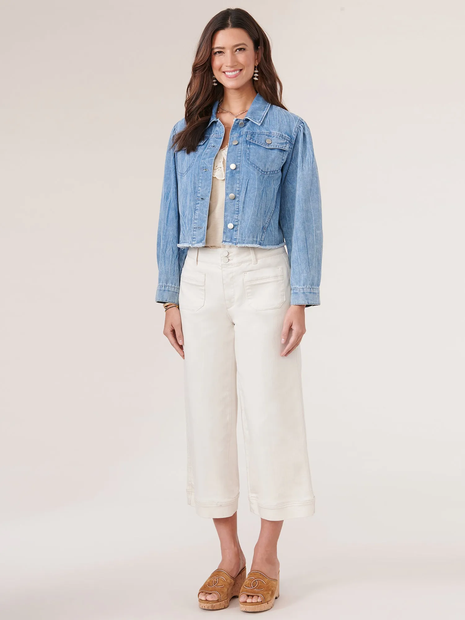Long Puff Sleeve Button Down Fray Hem Denim Jacket,Women Clothing