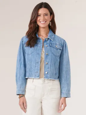 Long Puff Sleeve Button Down Fray Hem Denim Jacket,Women Clothing
