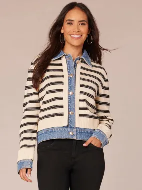 Long Sleeve Button Front Mixed Media Stripe Jacket,Women Clothing
