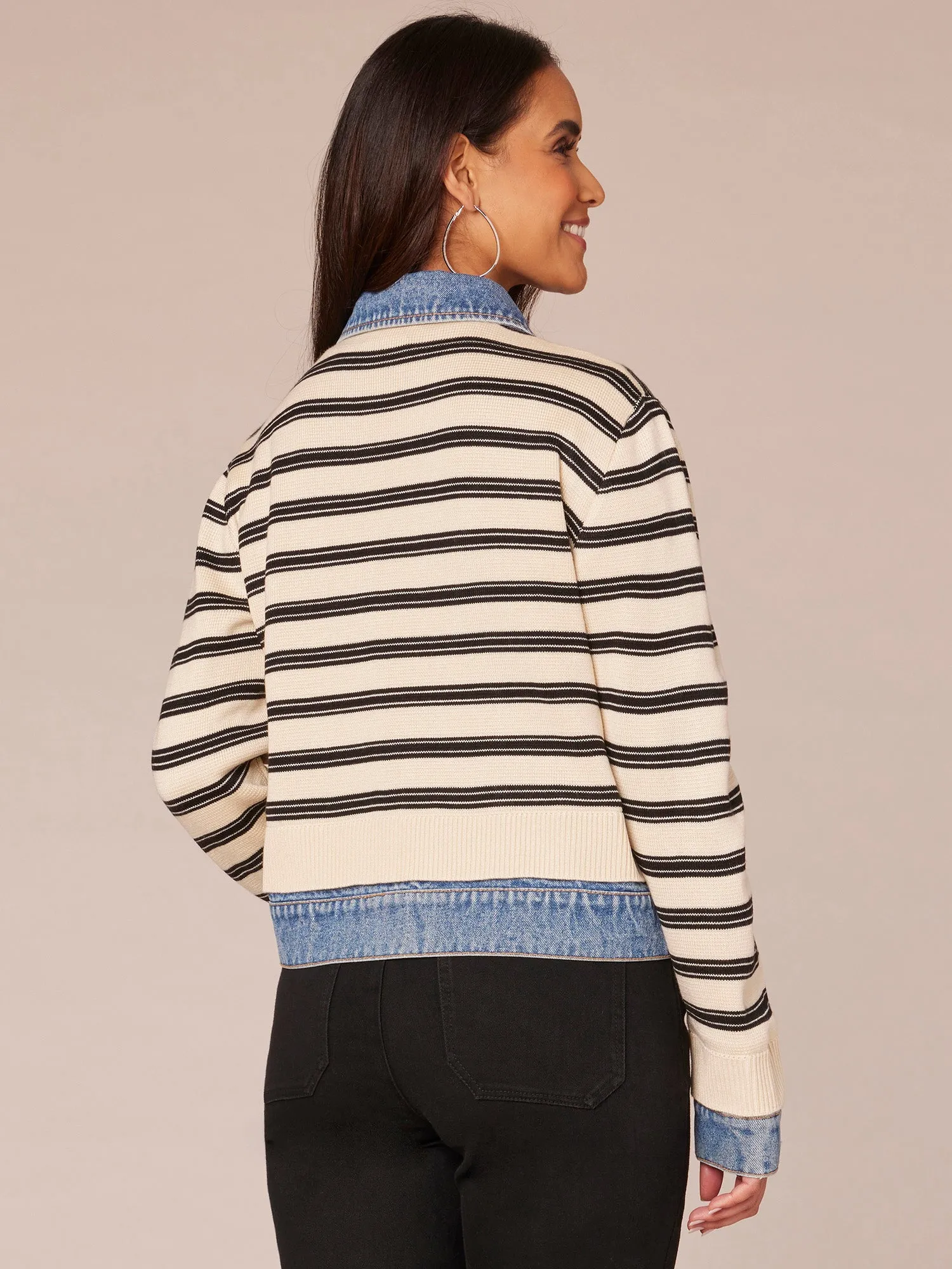 Long Sleeve Button Front Mixed Media Stripe Jacket,Women Clothing