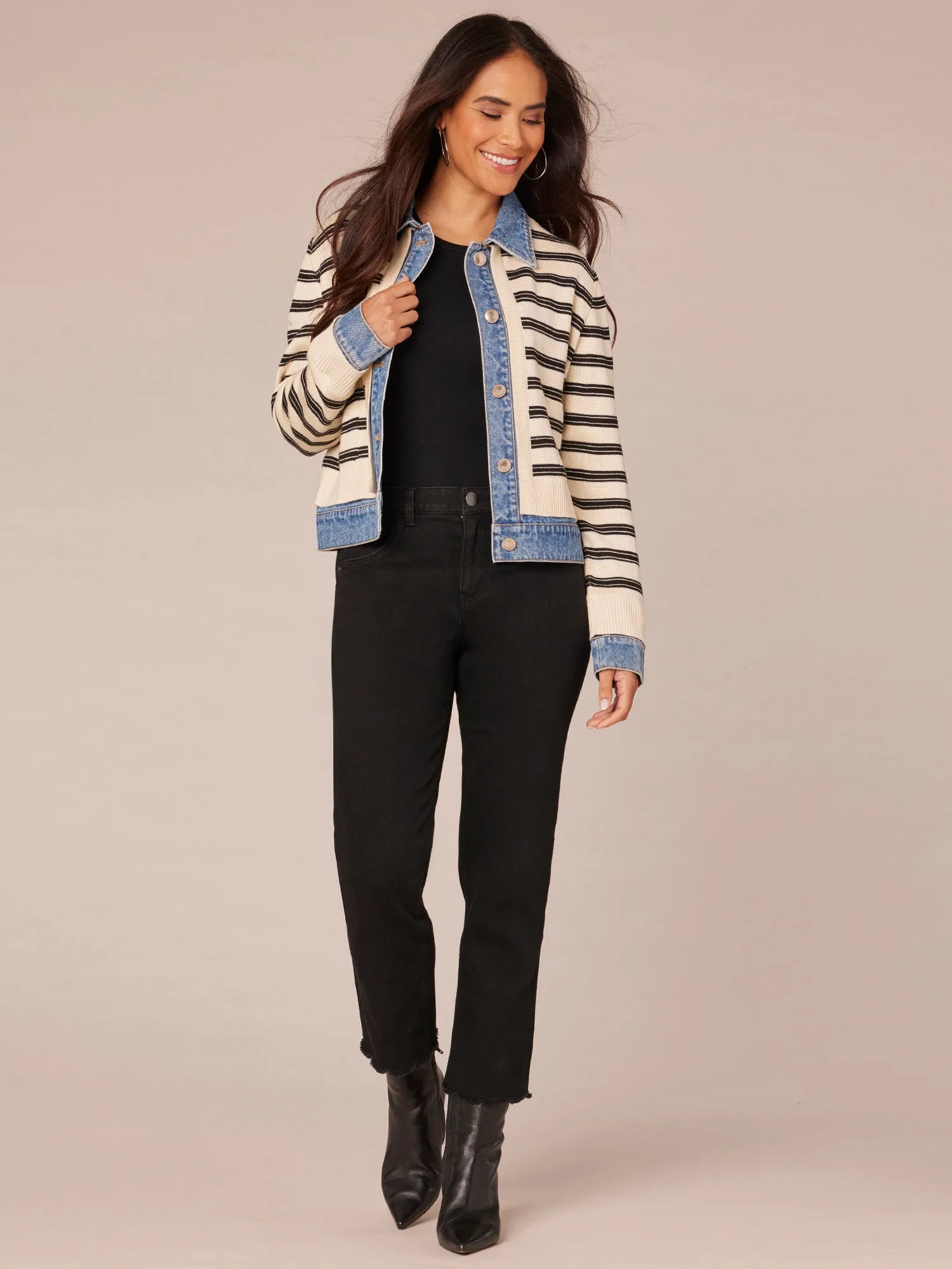 Long Sleeve Button Front Mixed Media Stripe Jacket,Women Clothing