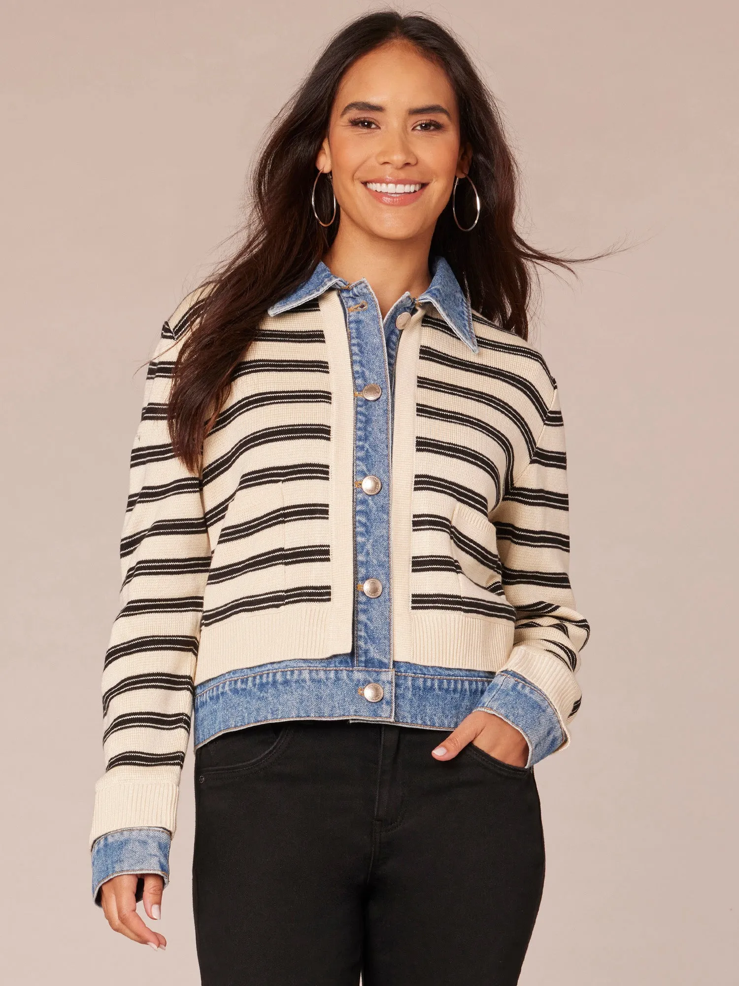 Long Sleeve Button Front Mixed Media Stripe Jacket,Women Clothing