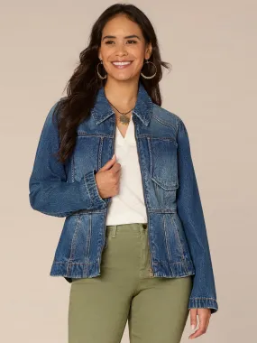 Long Sleeve Zip Front Curved Peplum Hem Jacket with Pockets,Women Clothing