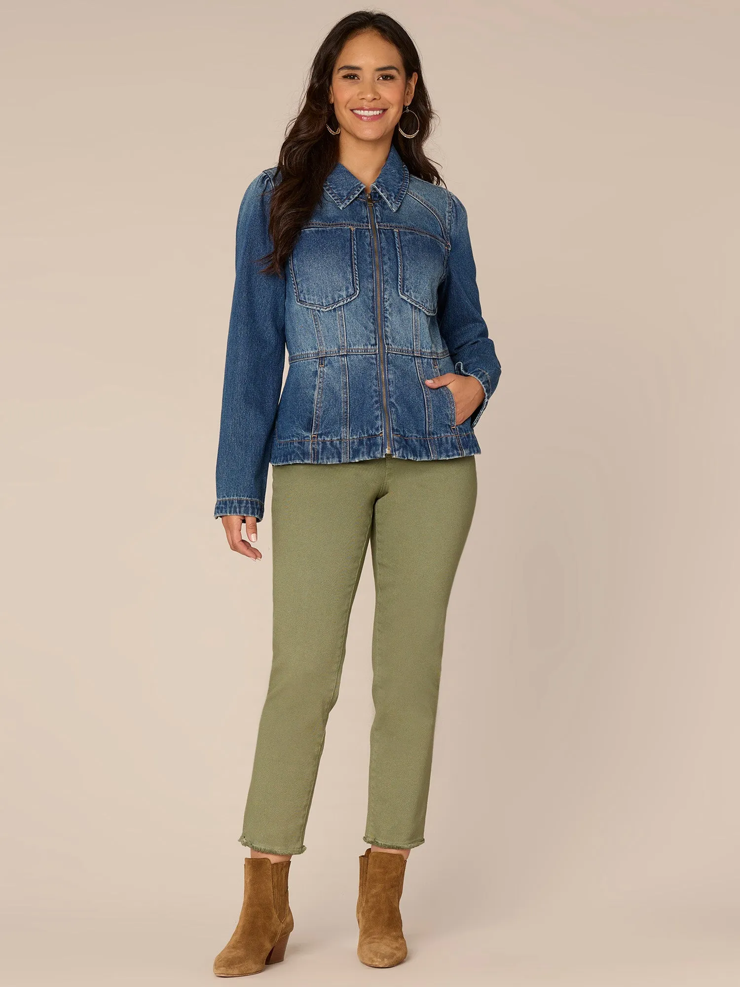 Long Sleeve Zip Front Curved Peplum Hem Jacket with Pockets,Women Clothing